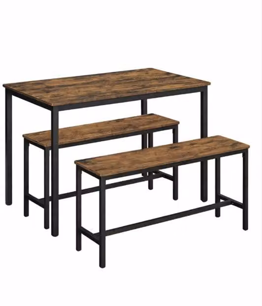 Tavolo da Cucina Industriale con 2 Bancali – Set da Cucina a 3 Pezzi 110 x 70 cm – Tavolo da Cucina con Struttura in Acciaio – Angolo Cucina Compatto per Cucina, Salotto o Appartamento
