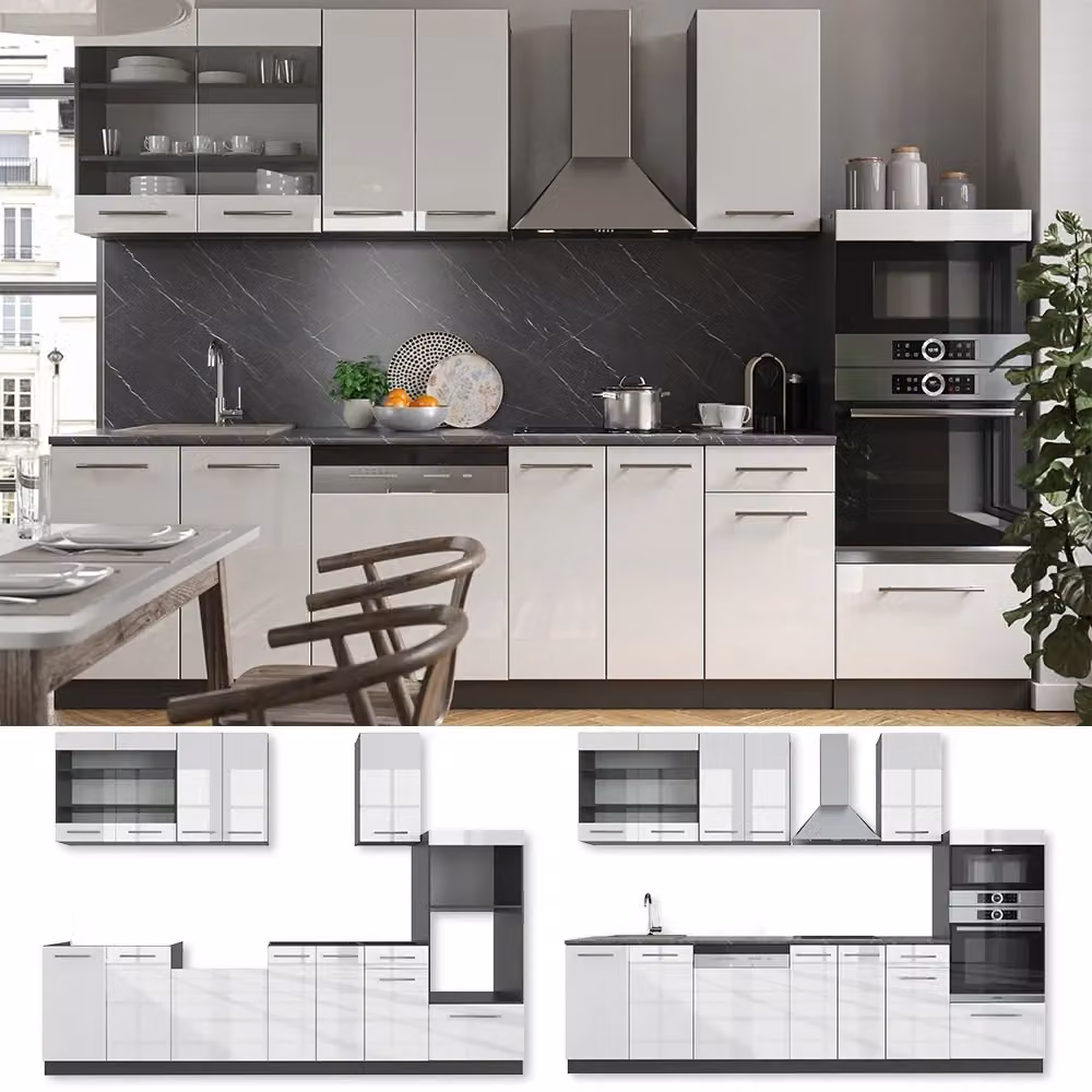 Cucina componibile Vicco Fame-Line Bianco lucido e Antracite con armadio alto, L: 300 cm – 2