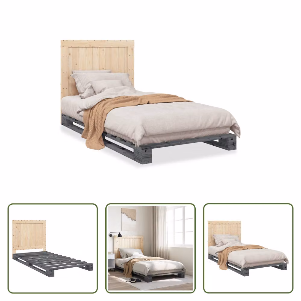 The Living Store Letto in legno massiccio con testiera grigio 100x200 cm pino