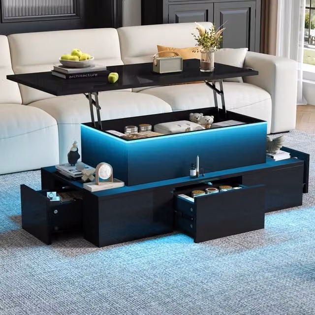 Desviae Tavolino basso sollevabile con LED, 4 cassetti e vano nascosto in MDF per soggiorno 100 × 50 × 40 cm