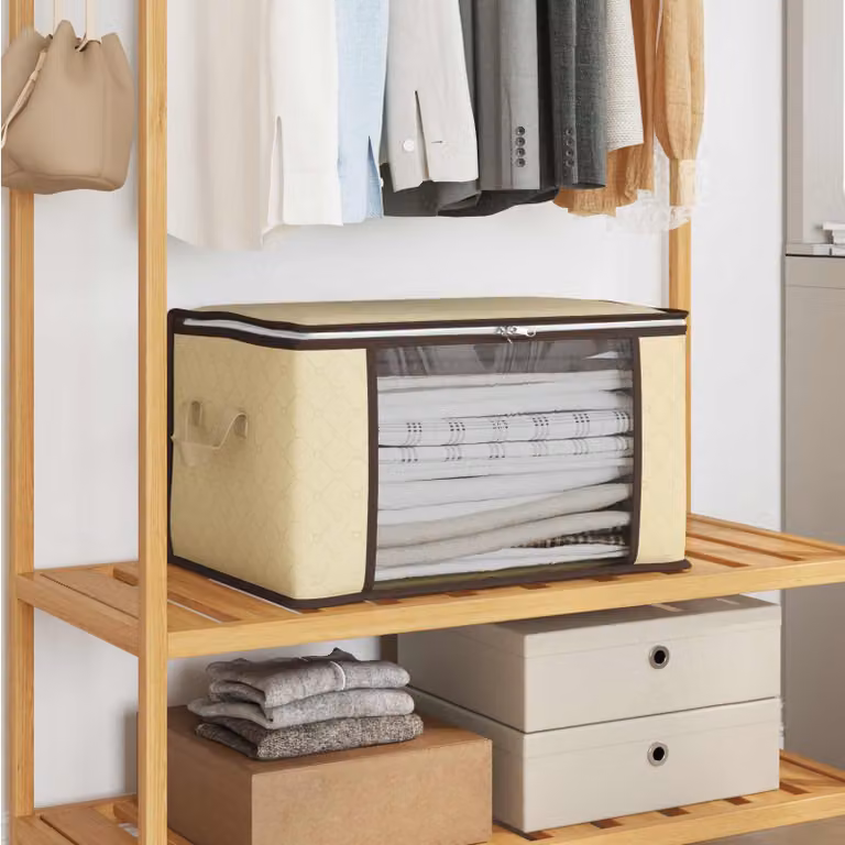 Scatola di stoccaggio pieghevole vidaXL in tessuto beige con finestra trasparente e maniglie L: 43 cm, P: 35 cm, H: 60 cm