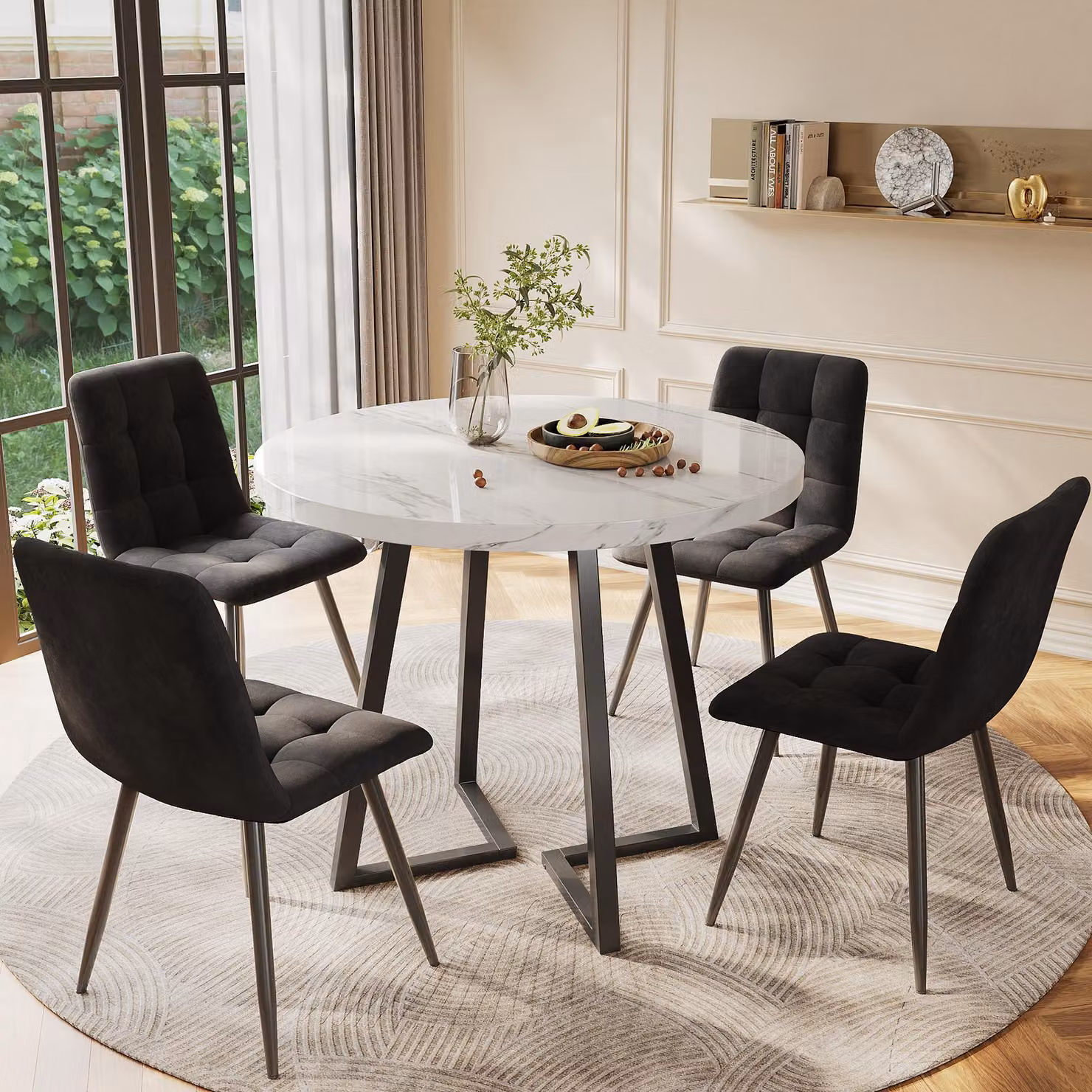 Set da pranzo Fortuna Lai (5 pezzi), set da pranzo moderno con 4 sedie, set da pranzo da cucina, tavolo da cucina rotondo con diametro di 80 cm e gambe in metallo nero, piano in MDF bianco, sedie in velluto nero