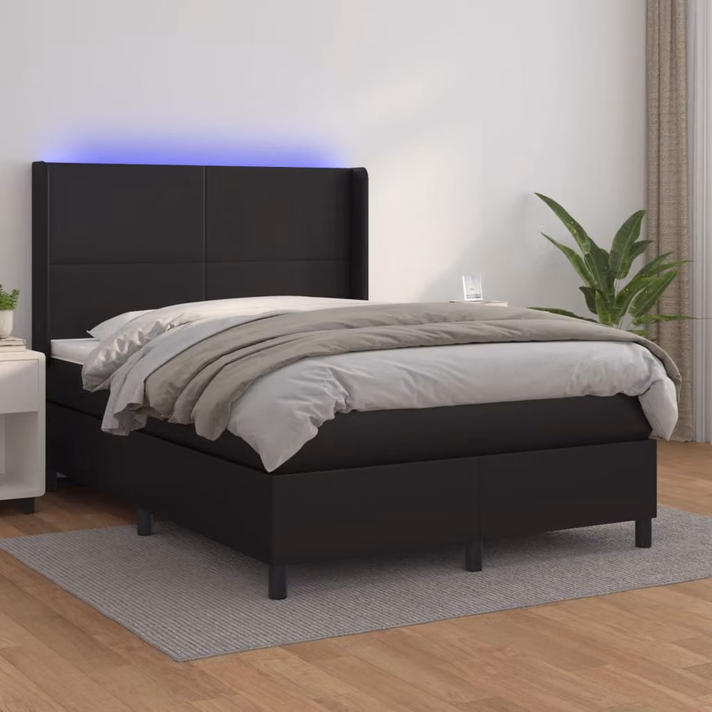vidaXL Giroletto a Molle con Materasso e LED Nero in Similpelle L/P: 140 x 200 cm – 1