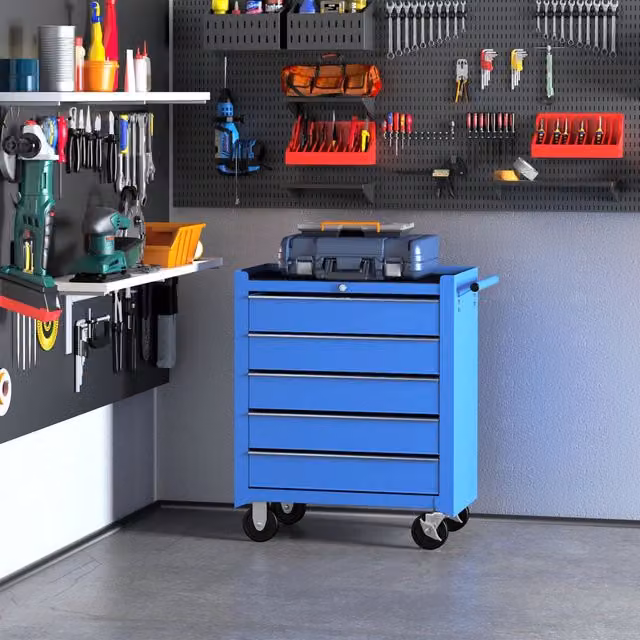 Carrello portaattrezzi REDOM in acciaio con 5 cassetti blu, con ruote e chiusura di sicurezza, L: 68 cm, P: 38,5 cm, H: 72,5 cm – 1