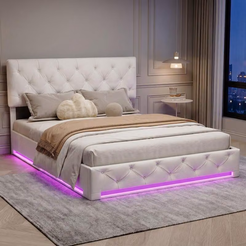 Struttura letto ProximaX in lino beige 160x200 cm con vano contenitore idraulico e illuminazione a LED, letto imbottito con testiera regolabile