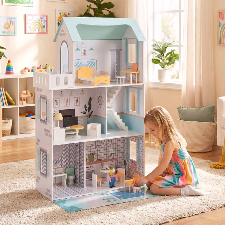 Casa delle bambole Costway in legno con 17 accessori e mobili, Villa principessa verde e multicolore per bambini