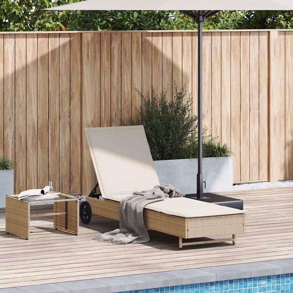 vidaXL Lettino Prendisole in Polyrattan Beige con Ruote e Cuscino Regolabile