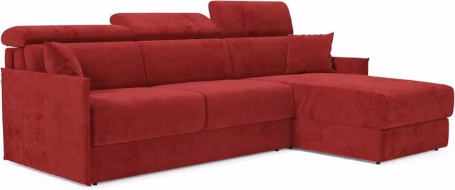 Divano letto angolare Miryam DIVANI.STORE con penisola contenitore e poggiatesta reclinabili, tessuto smacchiabile rosso, L 272 cm