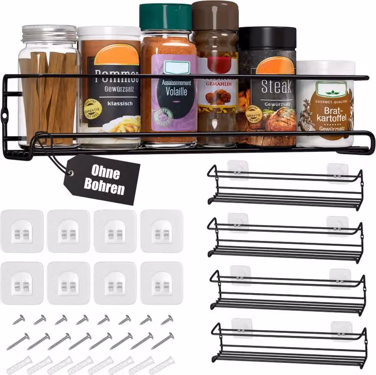 Set di 4 - Scaffali in metallo per spezie Deco Haus - Scaffali da cucina, scaffali per armadi, organizer per spezie, 29 x 6,35 x 5 cm - (Nero)