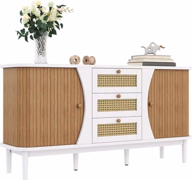 Credenza in stile scandinavo con ante e cassetti in rattan e ripiani regolabili, bianca, L: 140.5 cm, P: 40 cm, H: 76 cm