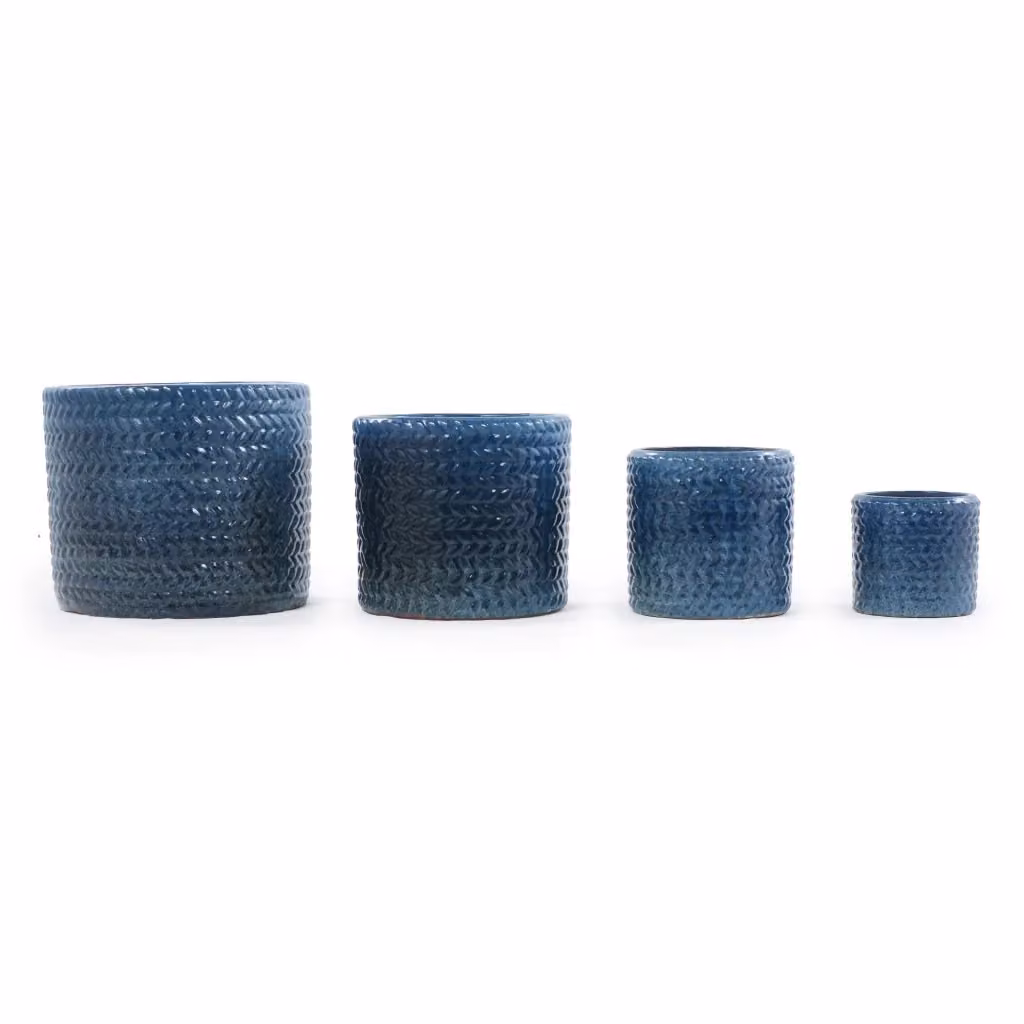 Set di 4 vasi WISHDOR in ceramica smaltata blu scuro con rilievo geometrico a spina di pesce, Ø: 37 cm, 31 cm, 24,5 cm, 17,5 cm – 2
