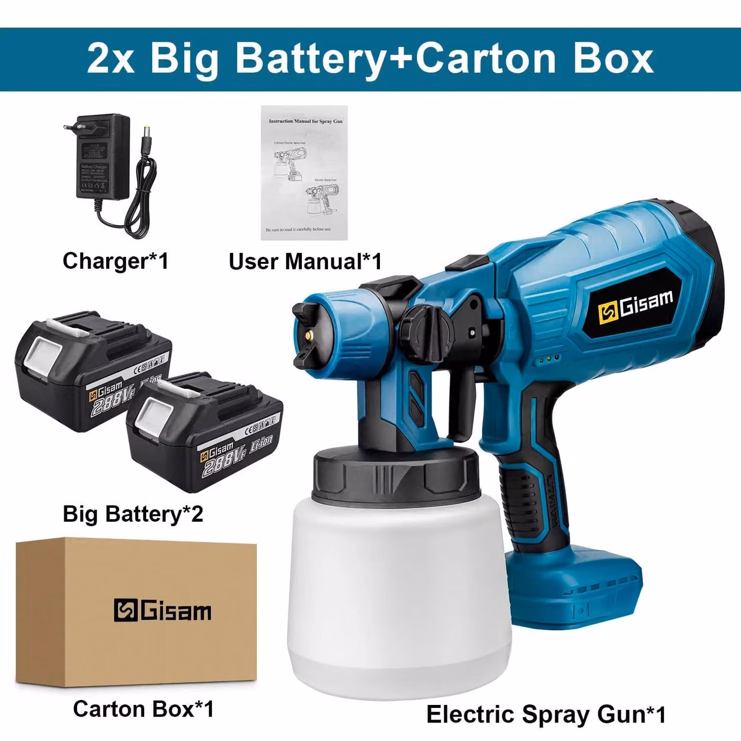 Pistola a spruzzo elettrica - Sistema di verniciatura HVLP senza fili - Serbatoio da 1000 ml - Ugello da 1,8 mm - 2 batterie di grande capacità - Spina di tipo EU - Colore blu