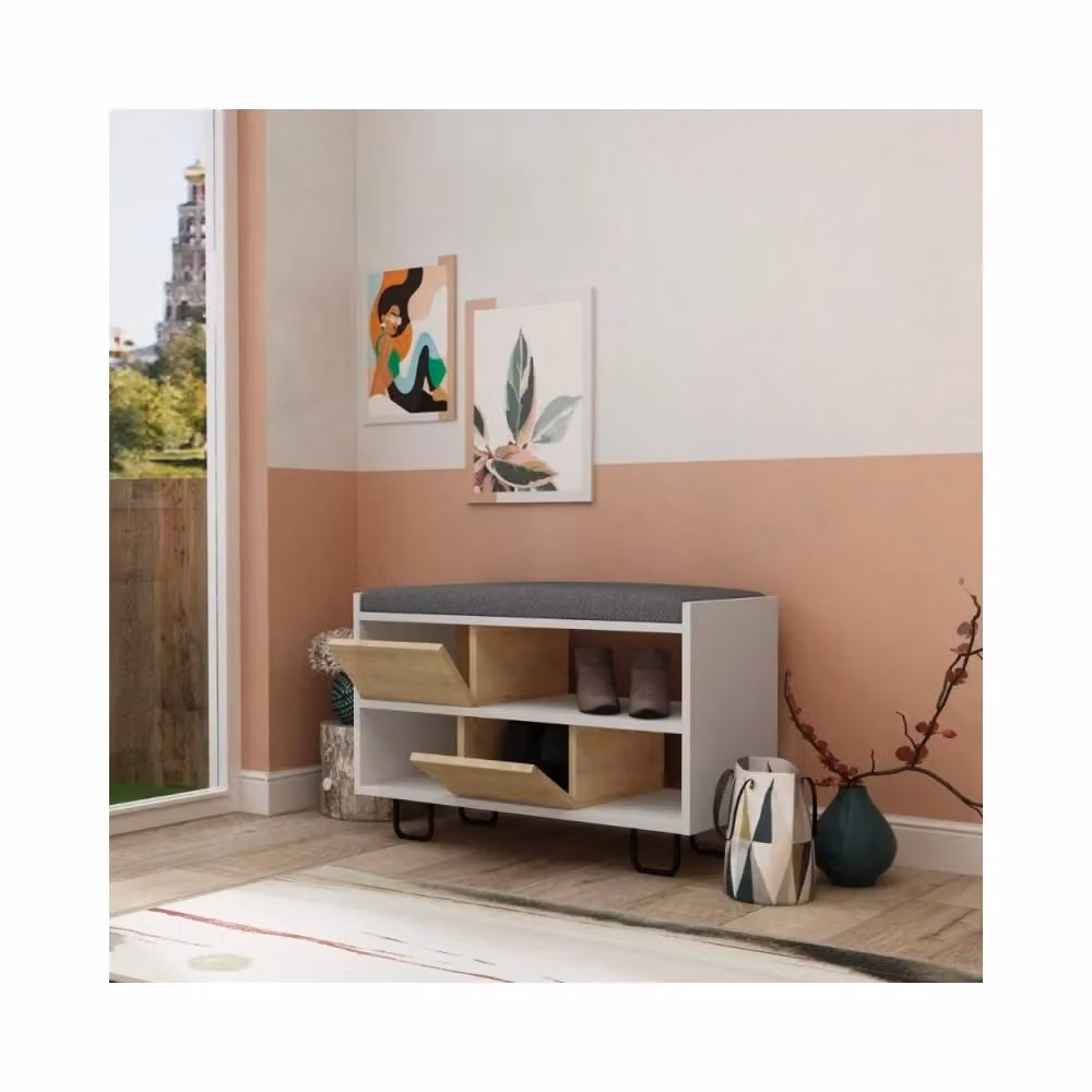 Panca scarpiera Troy con cuscino in tessuto, colore bianco e rovere, H: 90.0 cm, L: 83.5 cm, P: 35.5 cm – 2
