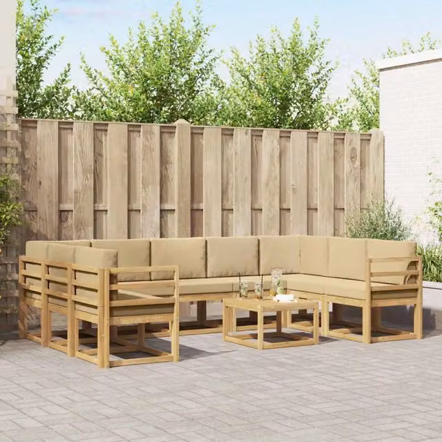 Set di divani da esterno a forma di U vidaXL in legno di acacia con cuscini, colori bianco, beige e marrone
