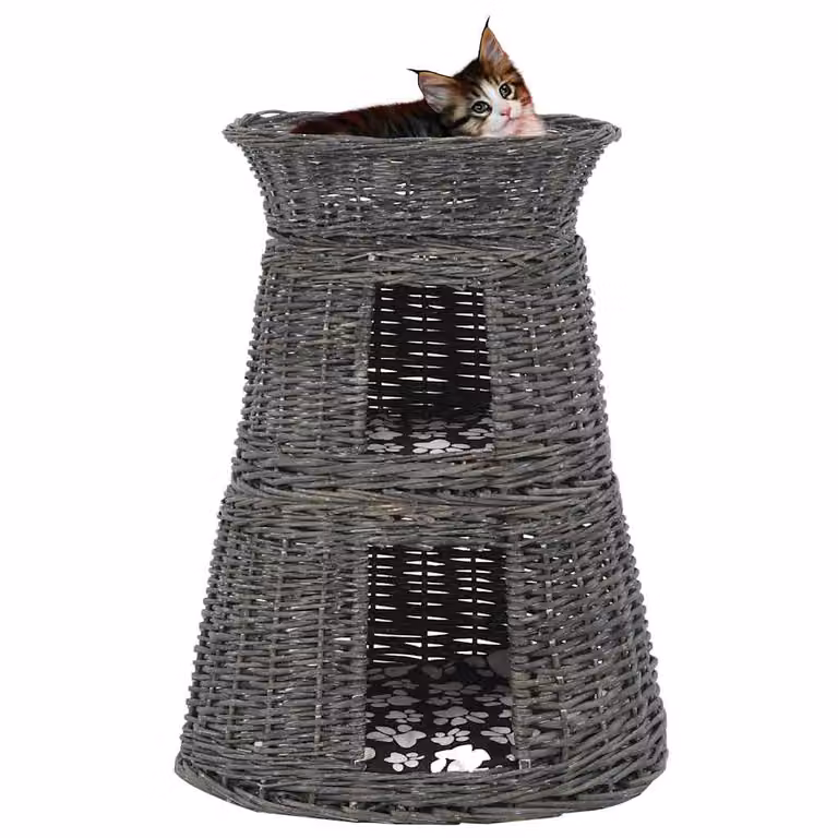 Set di 3 ceste per gatti vidaXL in legno di salice naturale con cuscini grigi, L: 47 cm, P: 34 cm, H: 60 cm