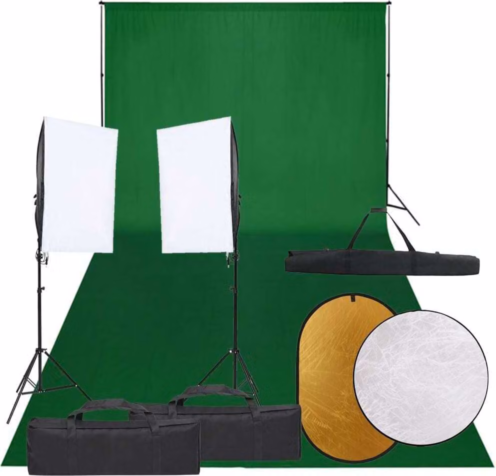 Set da studio fotografico con illuminazione, sfondo e riflettore