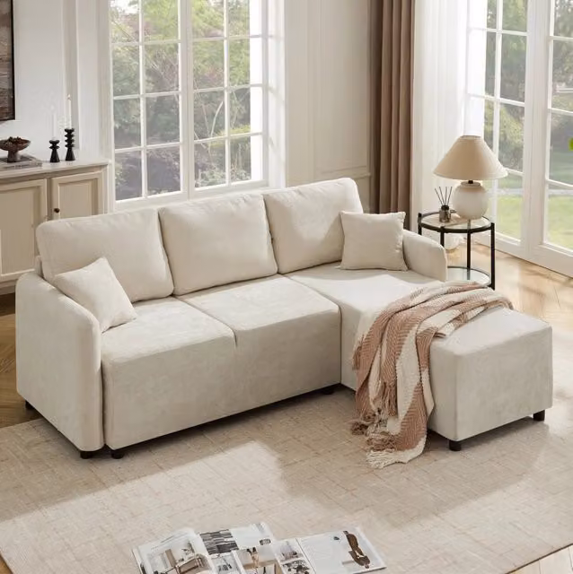 Divano angolare a L 3 posti in ciniglia beige chiaro con 2 cuscini