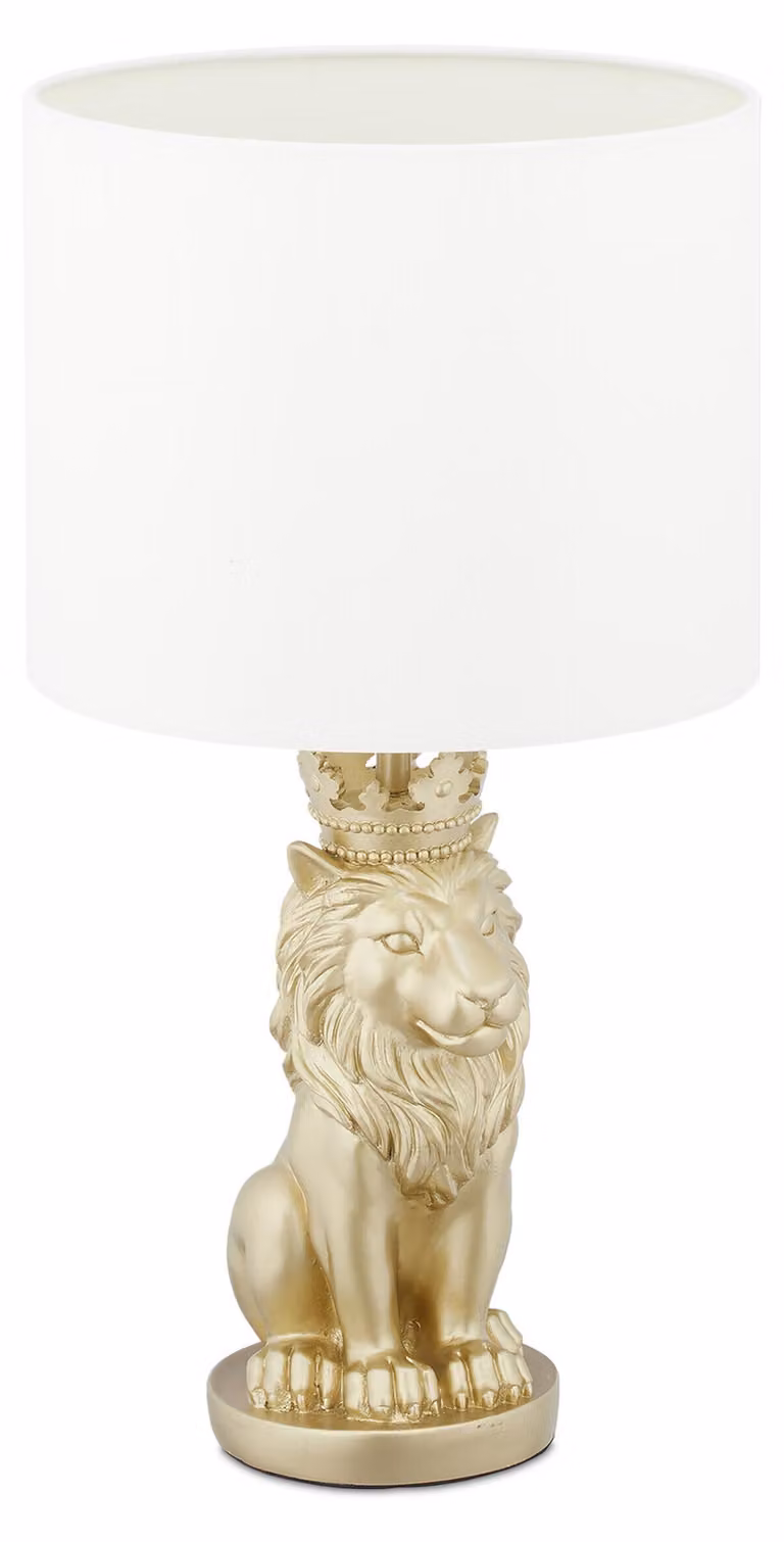 Lampada da tavolo Relaxdays "Leone", lampada da tavolo con paralume in tessuto, E27, elegante lampada da comodino, A x P: 47,5 x 25 cm, bianco/oro
