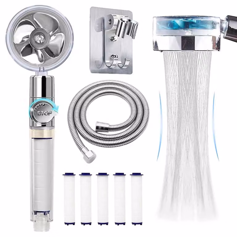 Doccetta manuale - Ugello doccia - Rotazione a 360° - Getto turbo - Risparmio idrico - Alta pressione - Tubo flessibile e supporto - Set argentato