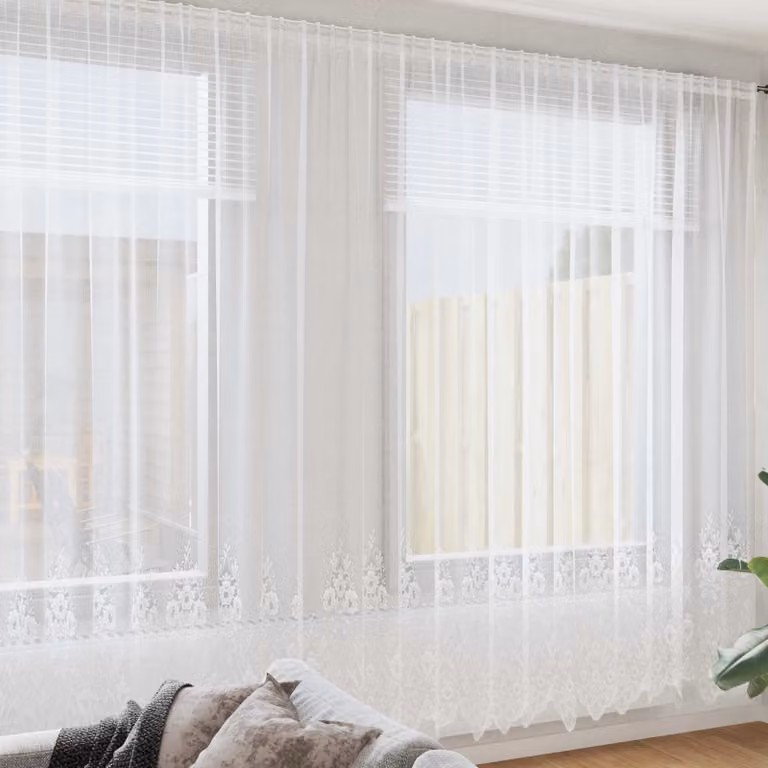 Tenda in pizzo bianca vidaXL con motivo floreale in poliestere, L: 500 cm, H: 300 cm