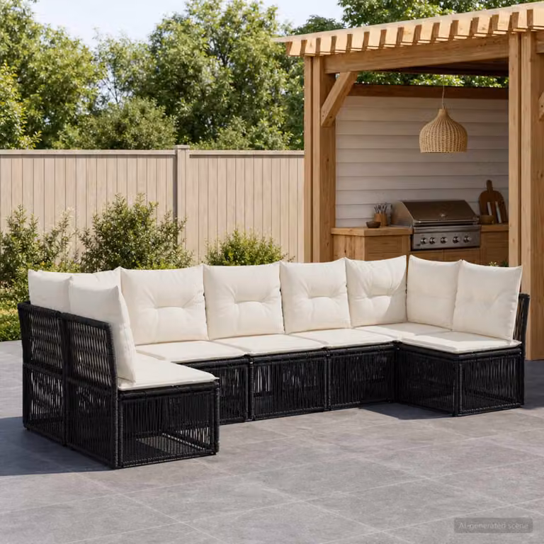 Set Divano da Giardino vidaXL 7 pz a Forma a L con Cuscini, Struttura in Metallo e Polyrattan, Nero e Bianco