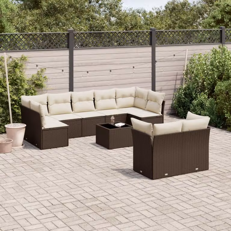 vidaXL Set Divani da Giardino 10pz in Polyrattan Marrone e Bianco con Cuscini e Tavolino da Caffè