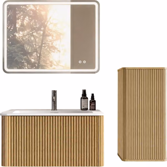 Set Mobili Bagno con Lavabo 80 cm Mobile Bagno Sospeso Finitura Color Rovere con Specchio LED