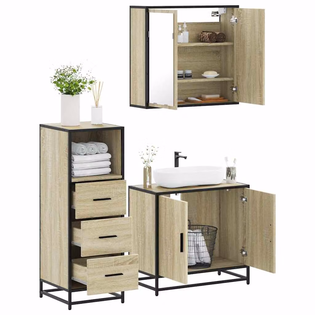 Set di mobili da bagno industrial vidaXL in legno e metallo, 3 pezzi, colore beige e marrone, con armadietto con specchio e mobile lavabo