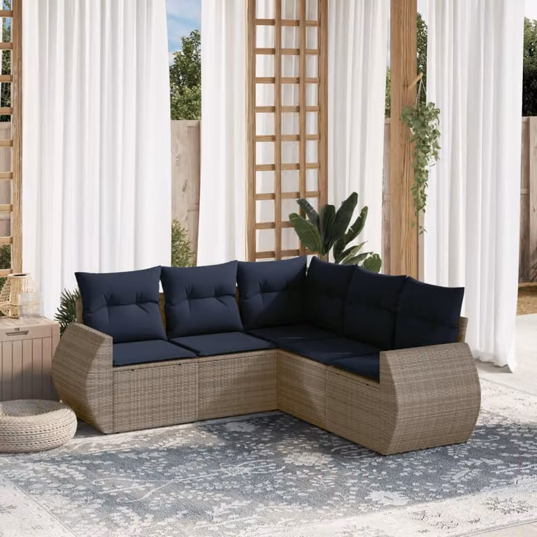 Set di divani da giardino vidaXL a forma di L composto da 5 pezzi con cuscini in polyrattan e struttura in metallo, colore grigio e blu