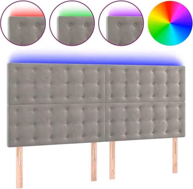 Testata del letto con illuminazione LED e porta di ricarica USB in velluto grigio chiaro, L: 200 cm, P: 5 cm, H: 118/128 cm