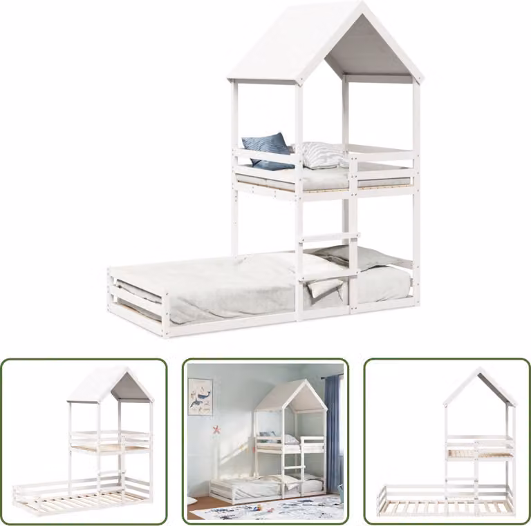 The Living Store Letto a castello con tetto bianco 90x200 cm in legno di pino massiccio