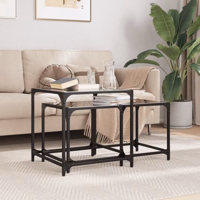 Maison Exclusive - Set di 2 tavolini con piano in vetro, struttura in acciaio nero