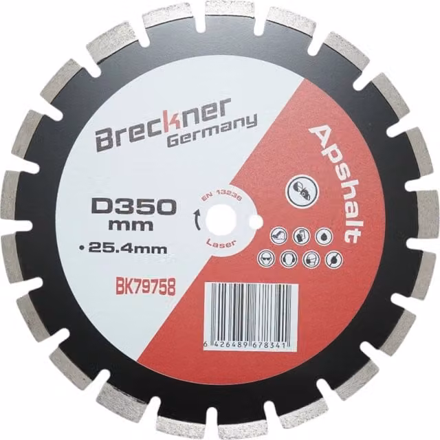 Disco diamantato segmentato Breckner per asfalto e calcestruzzo fresco, Diametro: 350 mm, Foro: 25,4 mm, Segmento: 12 mm