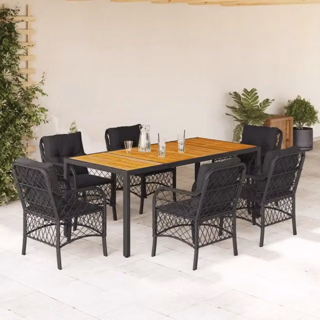 Set da pranzo da giardino vidaXL in legno di acacia oliato e polyrattan nero con 7 pezzi – 1