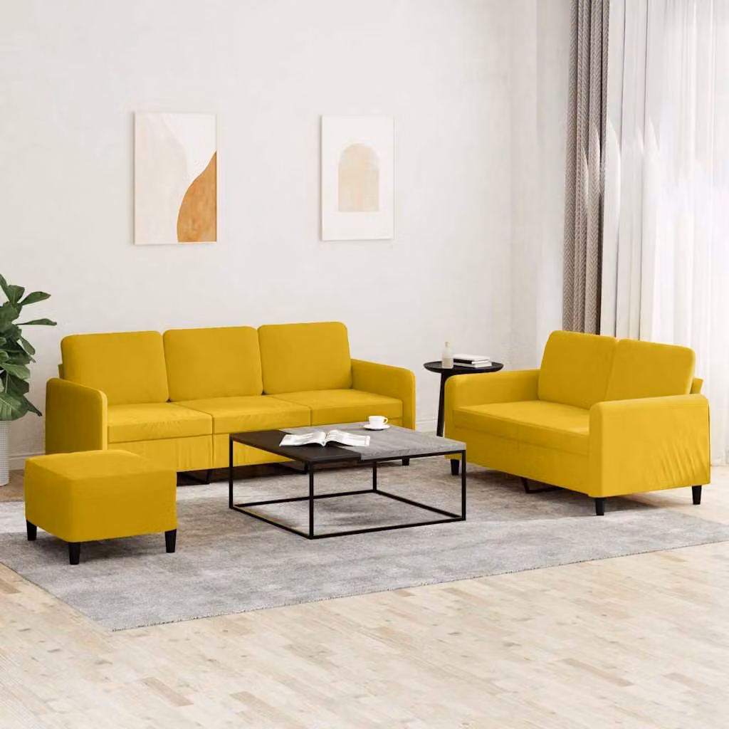 Set di divani 3 pezzi vidaXL in velluto giallo con pouf e cuscini per soggiorno – 1