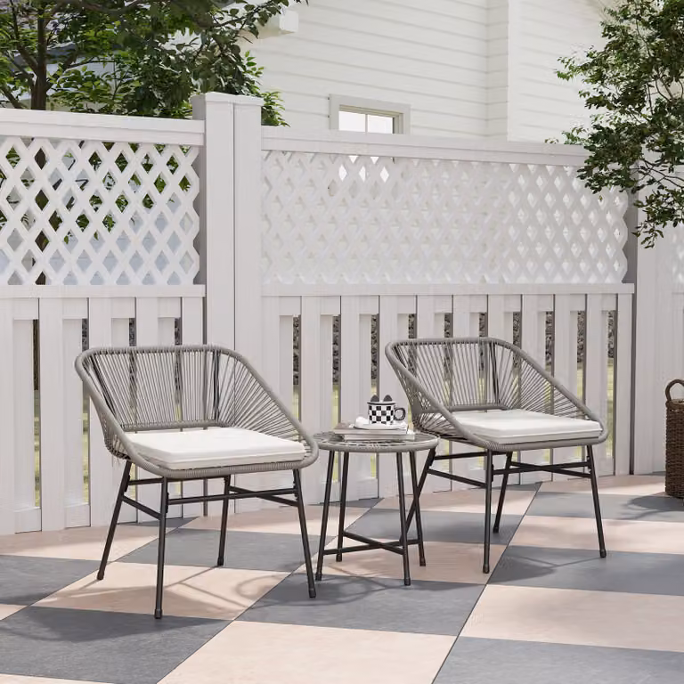 Set di mobili da balcone in 3 pezzi, con sedie in rattan e tavolo in vetro, resistente alle intemperie, cuscini imbottiti, set di mobili da giardino, per terrazza, giardino, grigio