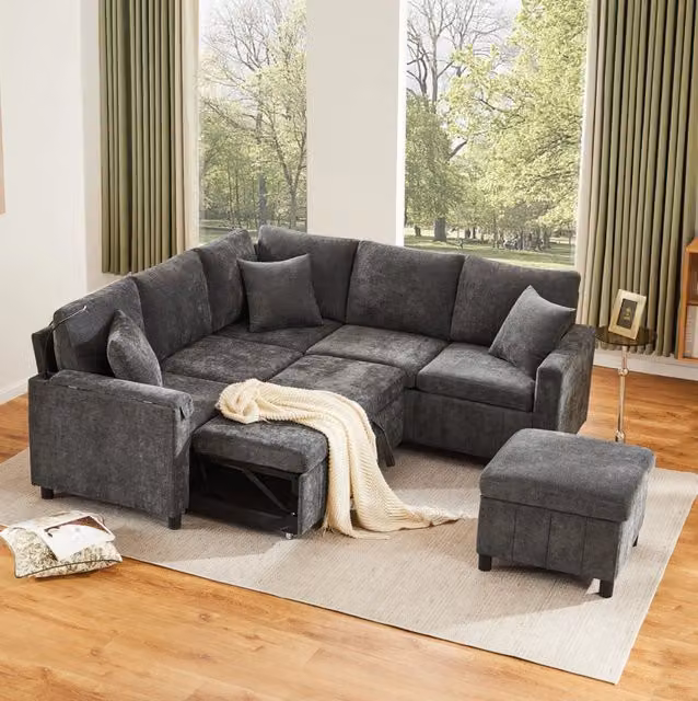 Divano letto angolare estraibile 205x205x85 cm in ciniglia grigio con USB; Type-C e lampada