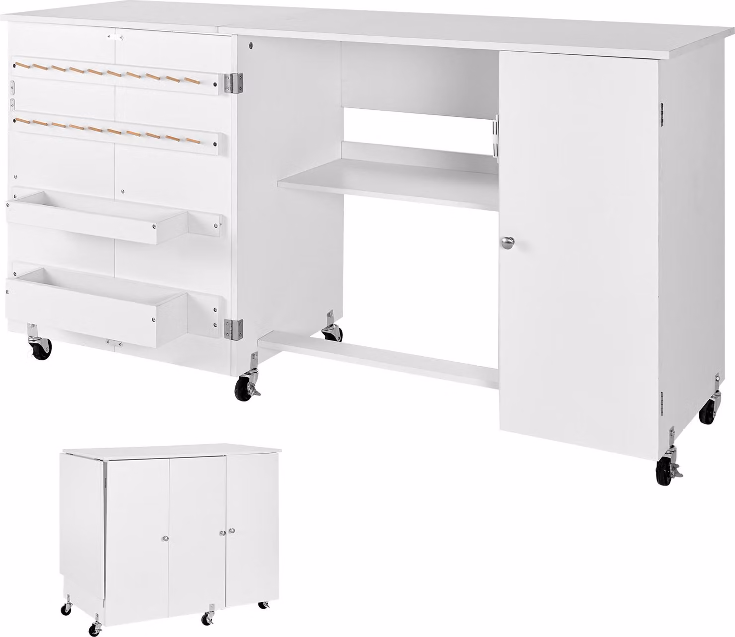 Tavolo da cucito SucceBuy con ruote, struttura in legno, ripiani e porta magnetica šC Tavolo multiuso per macchine da cucire, oggetti di artigianato e come tavolino, caricabile fino a 40 kg, bianco
