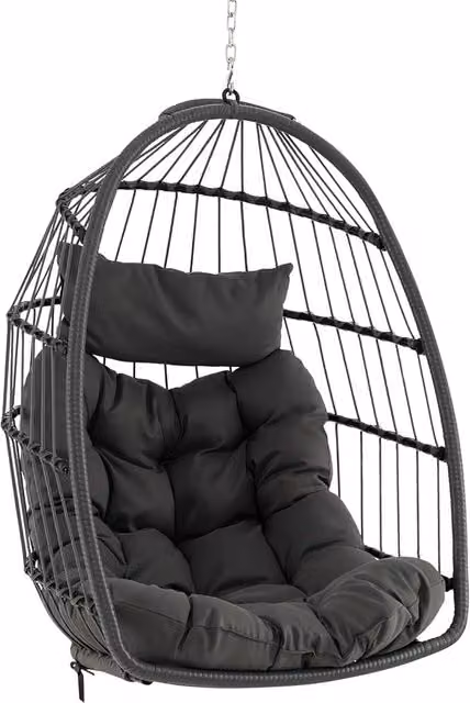 Sedia Sospesa a Uovo, Sedia Amaca con Cuscino per Testa e Seduta, Sedia a Dondolo in Vimini da Interno/Esterno, Design Pieghevole Salvaspazio, Capacità 150 kg