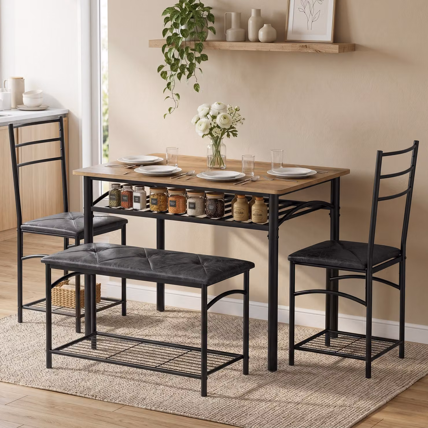 Set da pranzo HOMCOM in stile industriale composto da tavolo rettangolare, 2 sedie e panca imbottita, colore marrone – 2