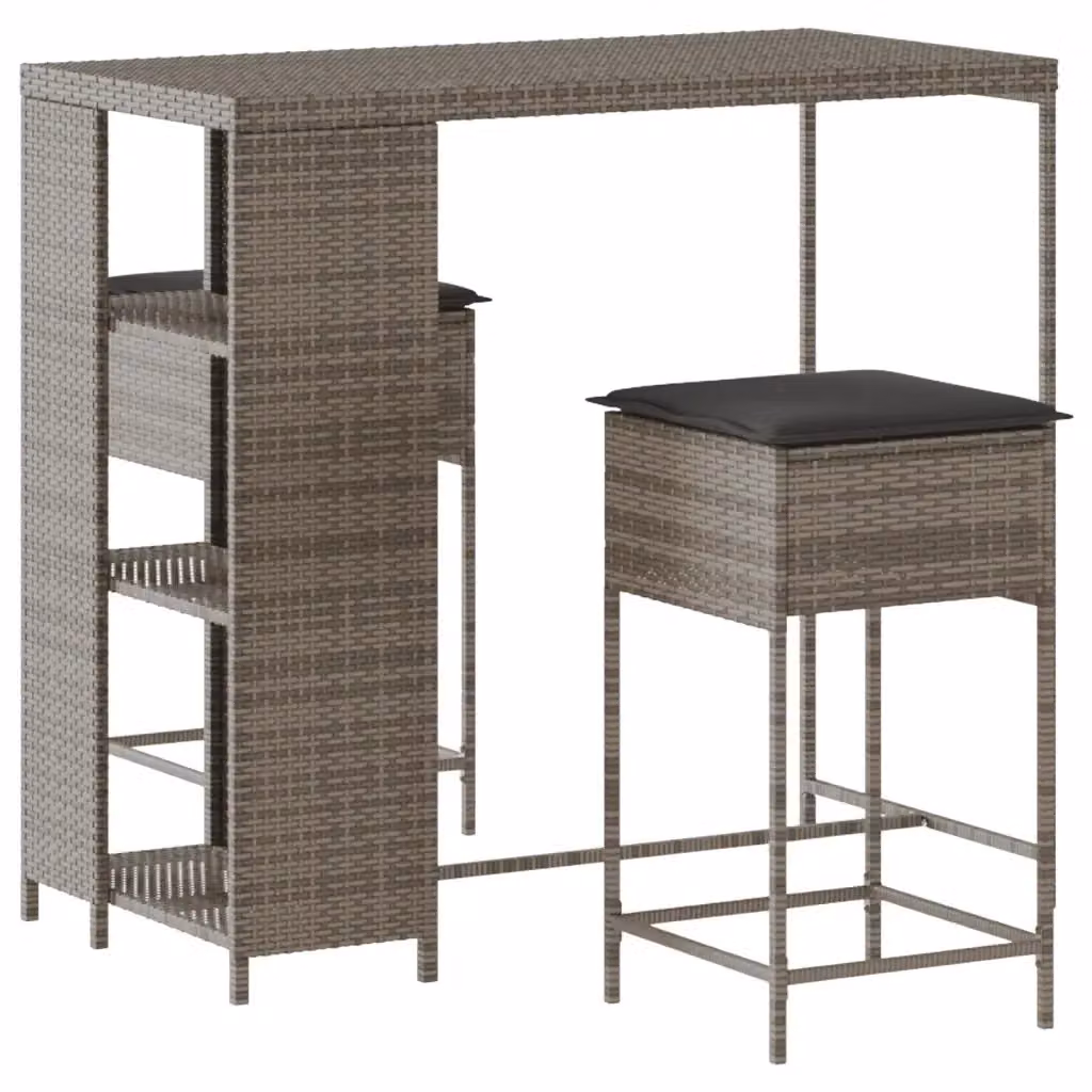 vidaXL Set Bar da Giardino 3 Pezzi in Polyrattan Grigio con Cuscini – 2