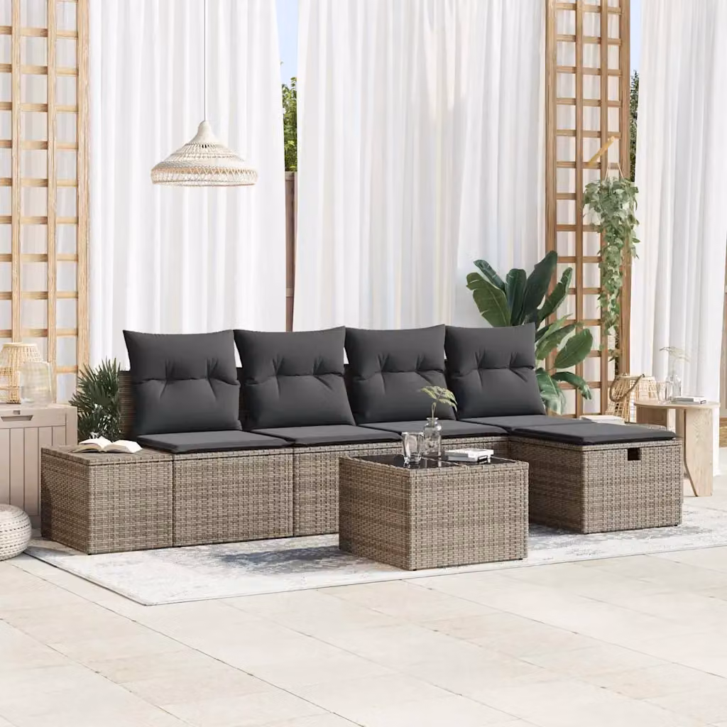 Set Divano da Giardino vidaXL 6 Pezzi in Polyrattan Grigio con Cuscini e Tavolino – 1