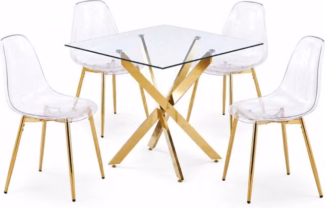 Set tavolo e sedie con 1 tavolo e 4 sedie imbottite per sala da pranzo, schienale alto, in metallo e velluto dorato