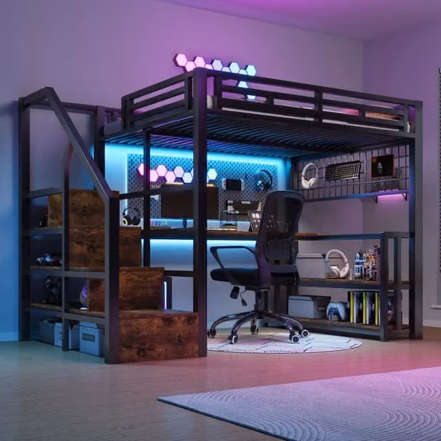 Letto a soppalco 140 x 200 cm in metallo nero con LED; scrivania e contenitori