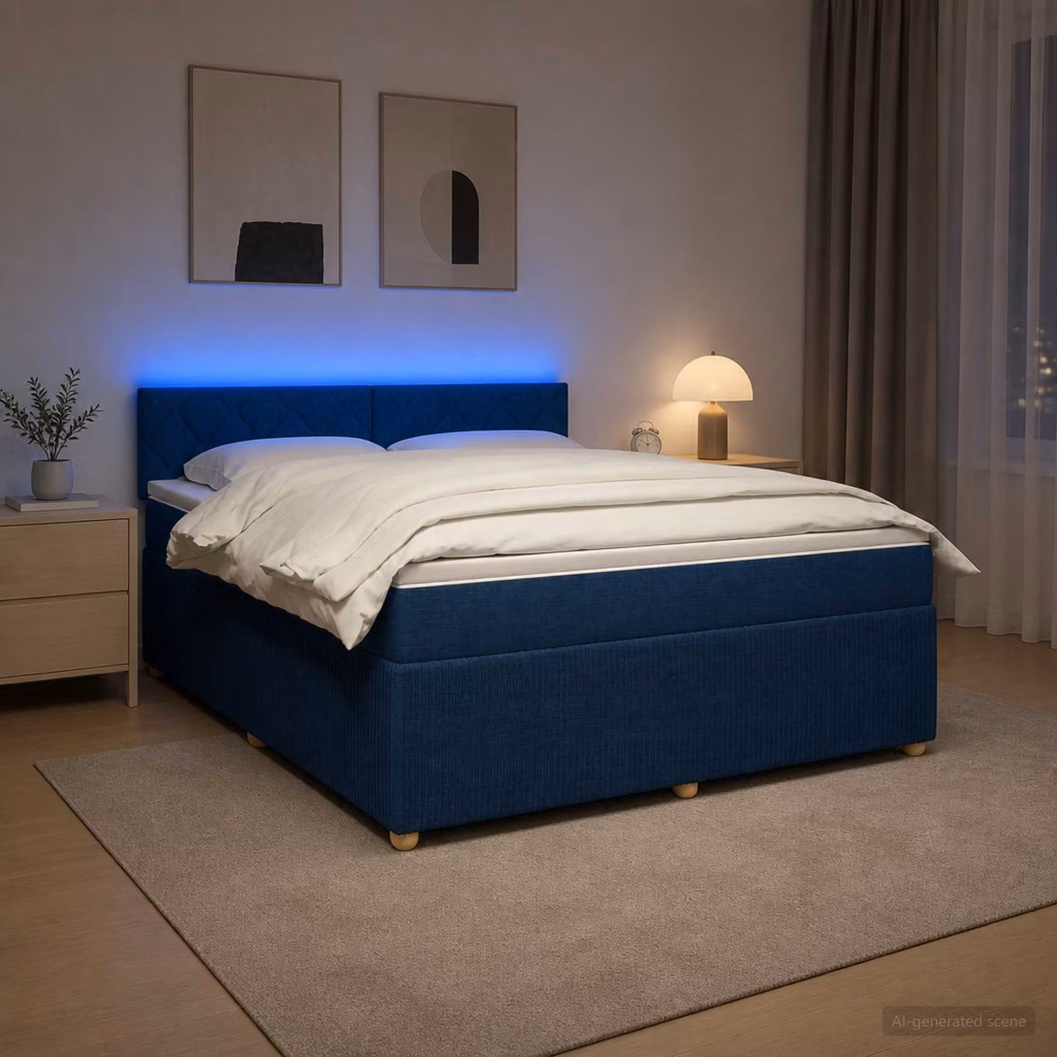 Letto box spring con materasso vidaXL in tessuto blu e multicolore con illuminazione sottostante e porta USB, L/P: 180 x 200 cm
