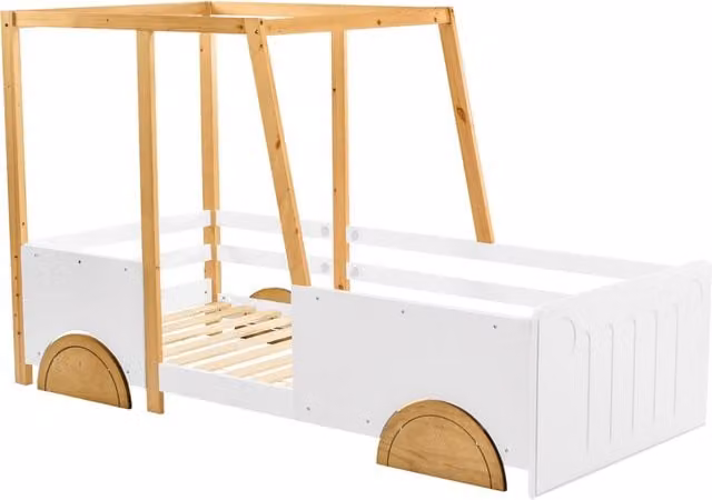 Letto Auto per Bambini 90x200 cm in Pino e MDF, Bianco e Naturale con Ruote Decorative