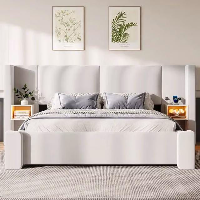 Letto contenitore 180x200 cm con sollevamento idraulico; rivestimento in lino beige; LED e comodini integrati