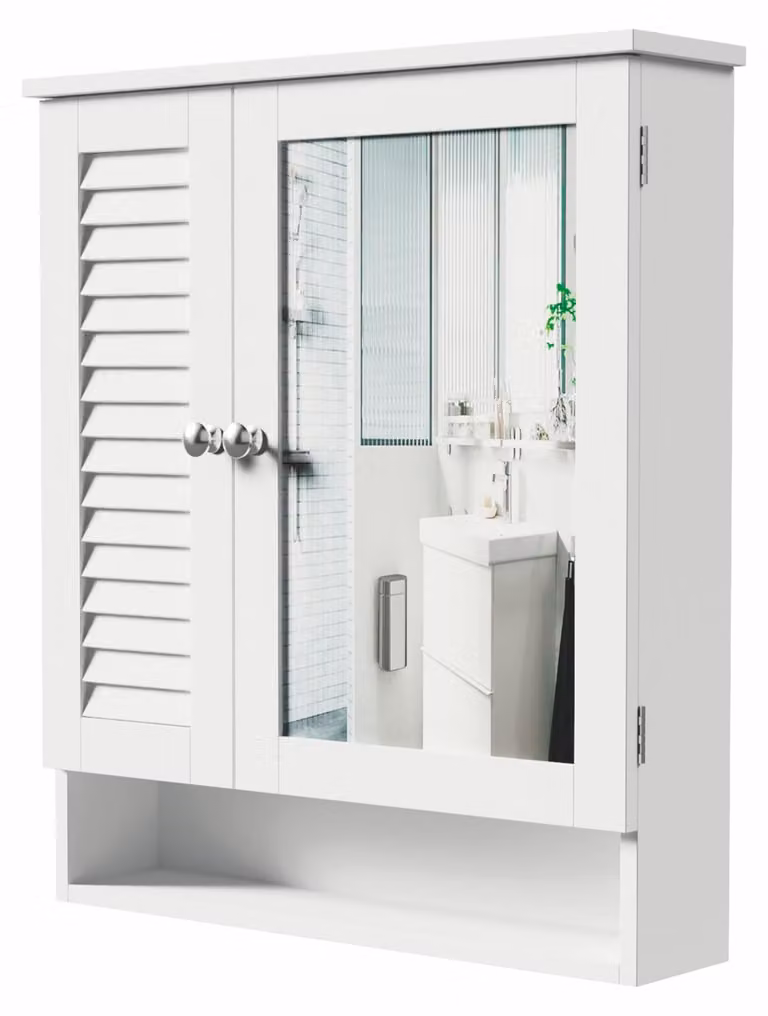 Mobiletto da bagno con specchio, in MDF laccato, dimensioni 60x15x68 cm, 2 ante, 2 ripiani interni