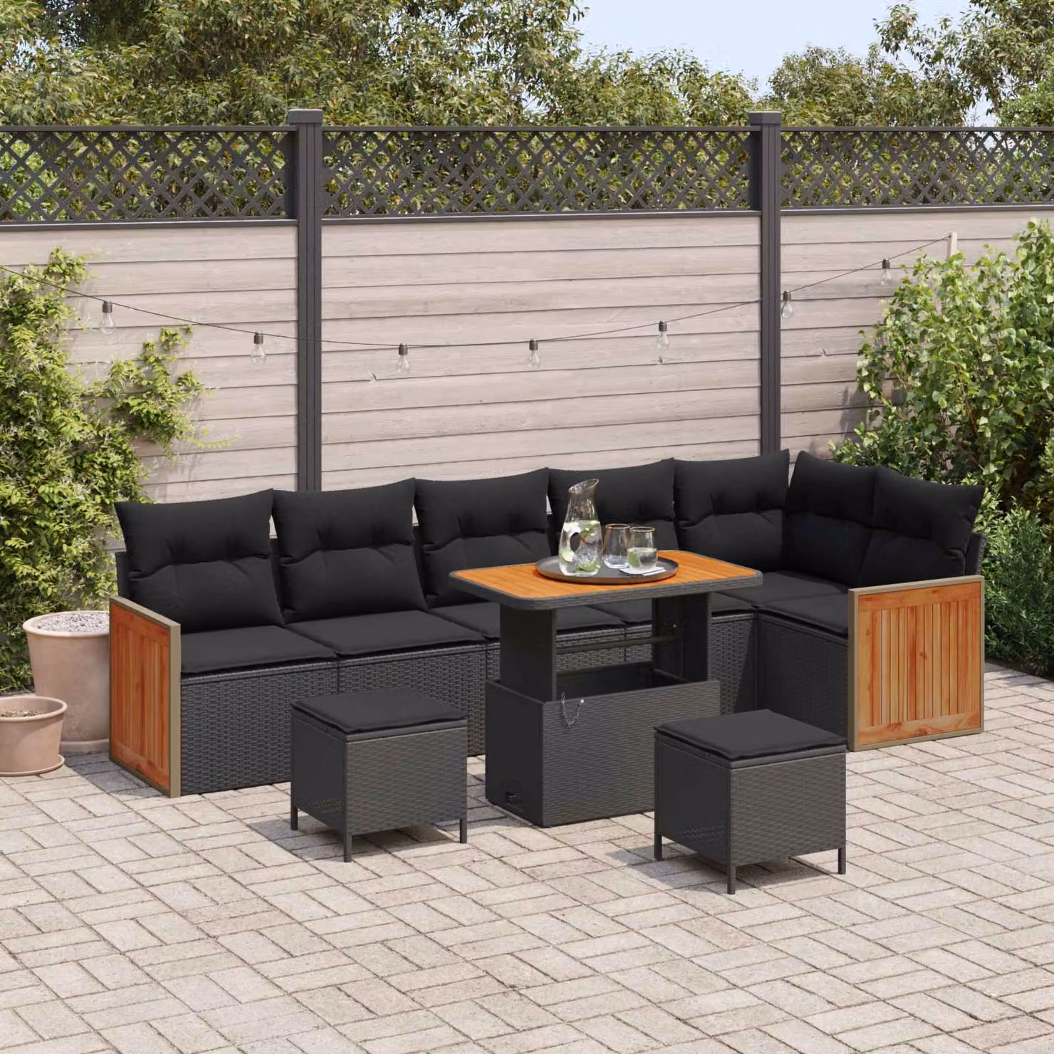 Set Divano da Giardino vidaXL 9 posti con Cuscini e Tavolino Nero – 1