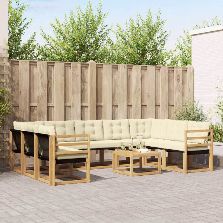 Set di divani da esterno vidaXL 10 pezzi in legno di acacia con cuscini bianchi e beige per giardino e terrazza